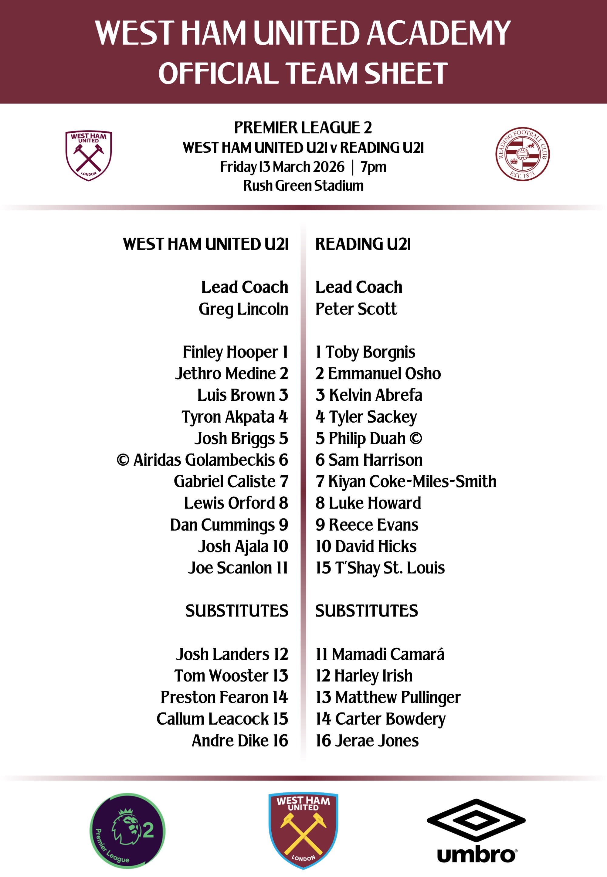 Academy teamsheet v Reading [updated]