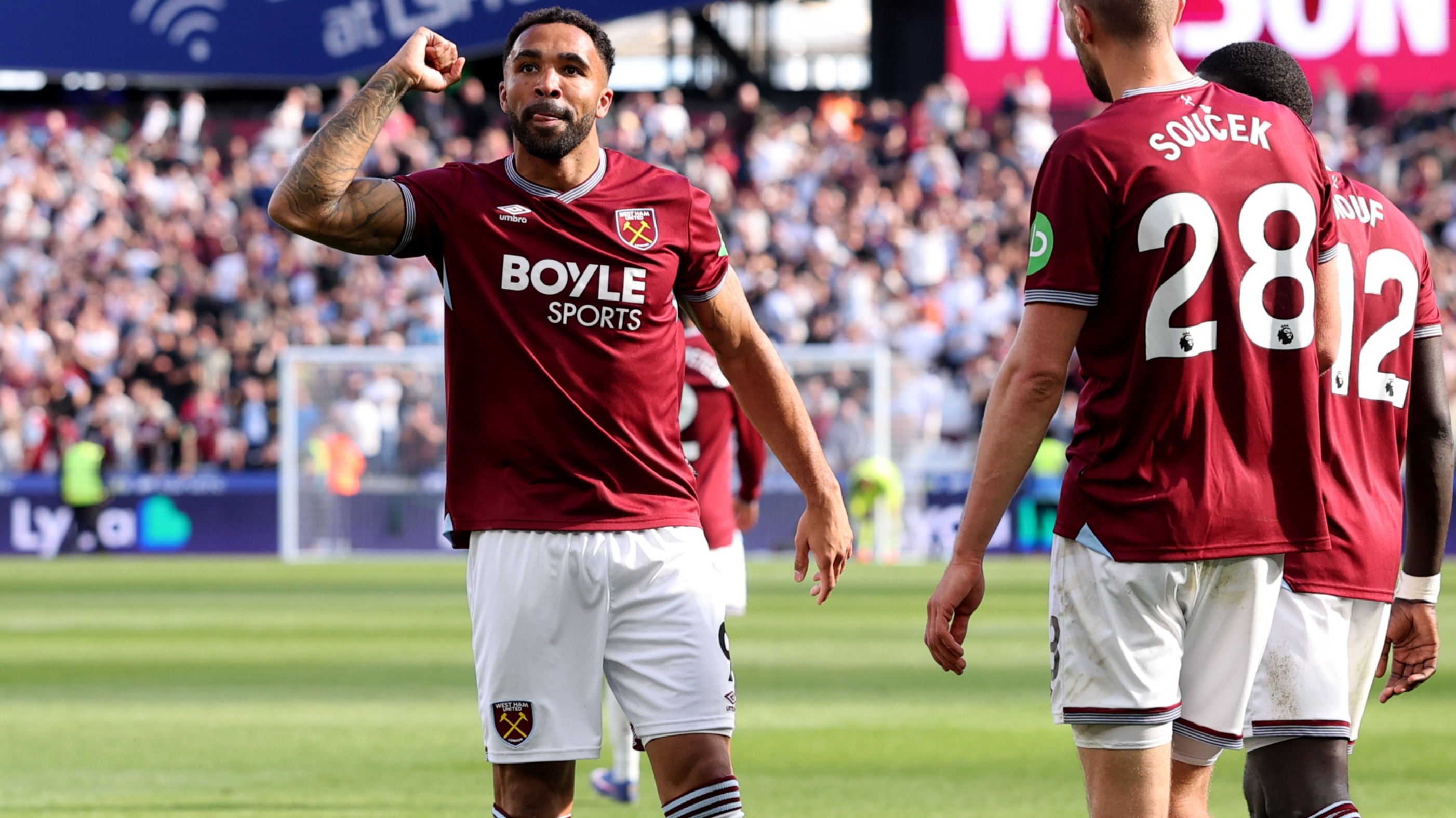 Callum Wilson celebrates his winner against Everton