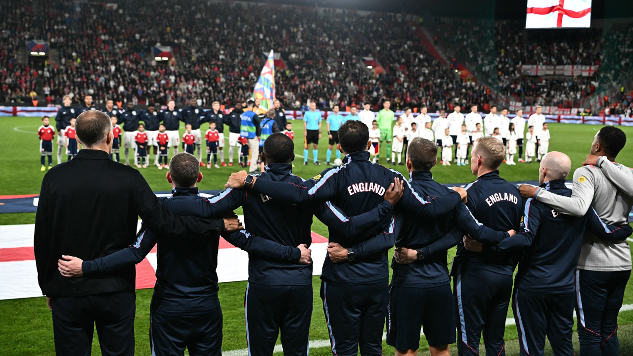 Czech and English football stand for Luděk Mikloško