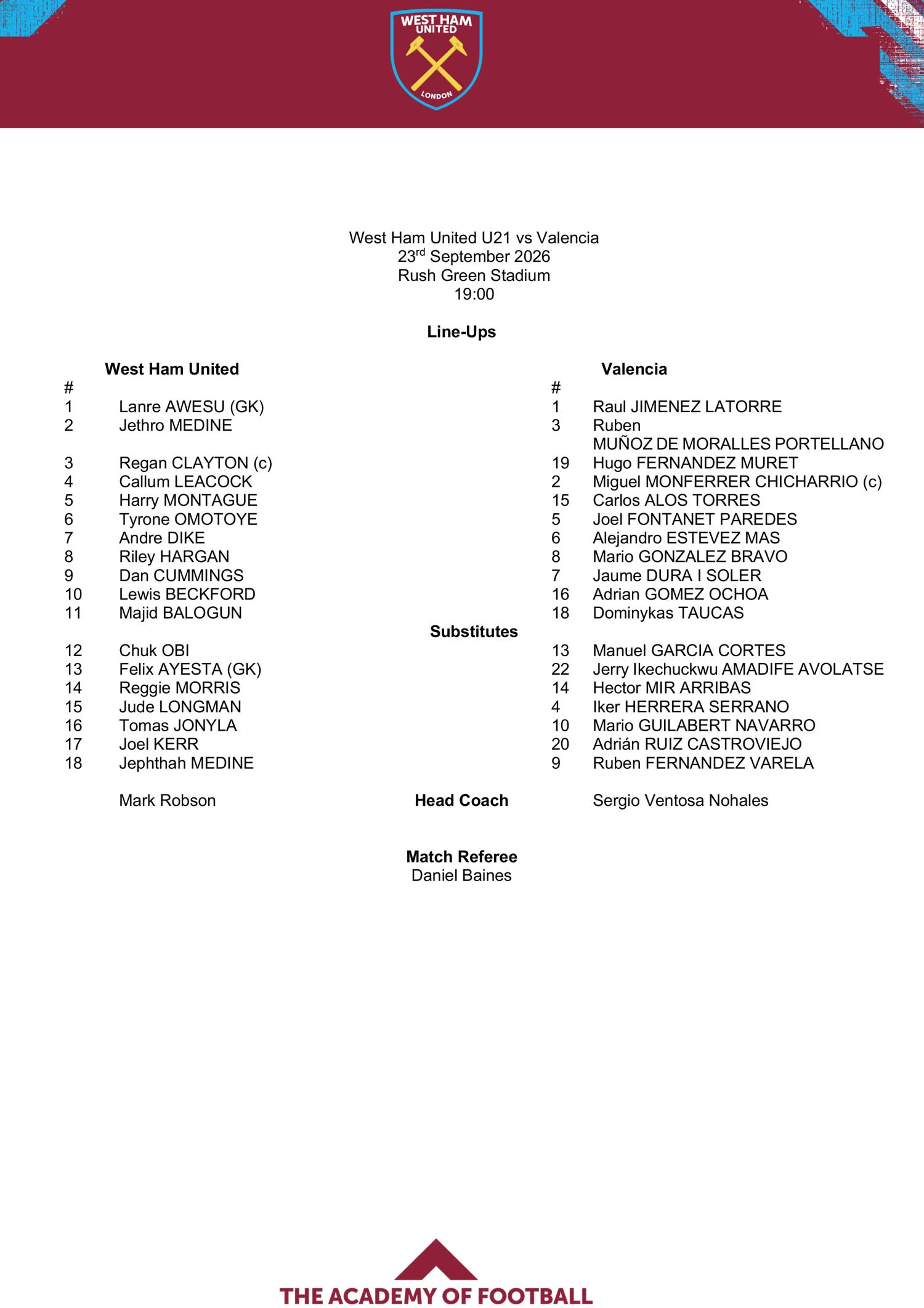 Valencia Mestalla teamsheet