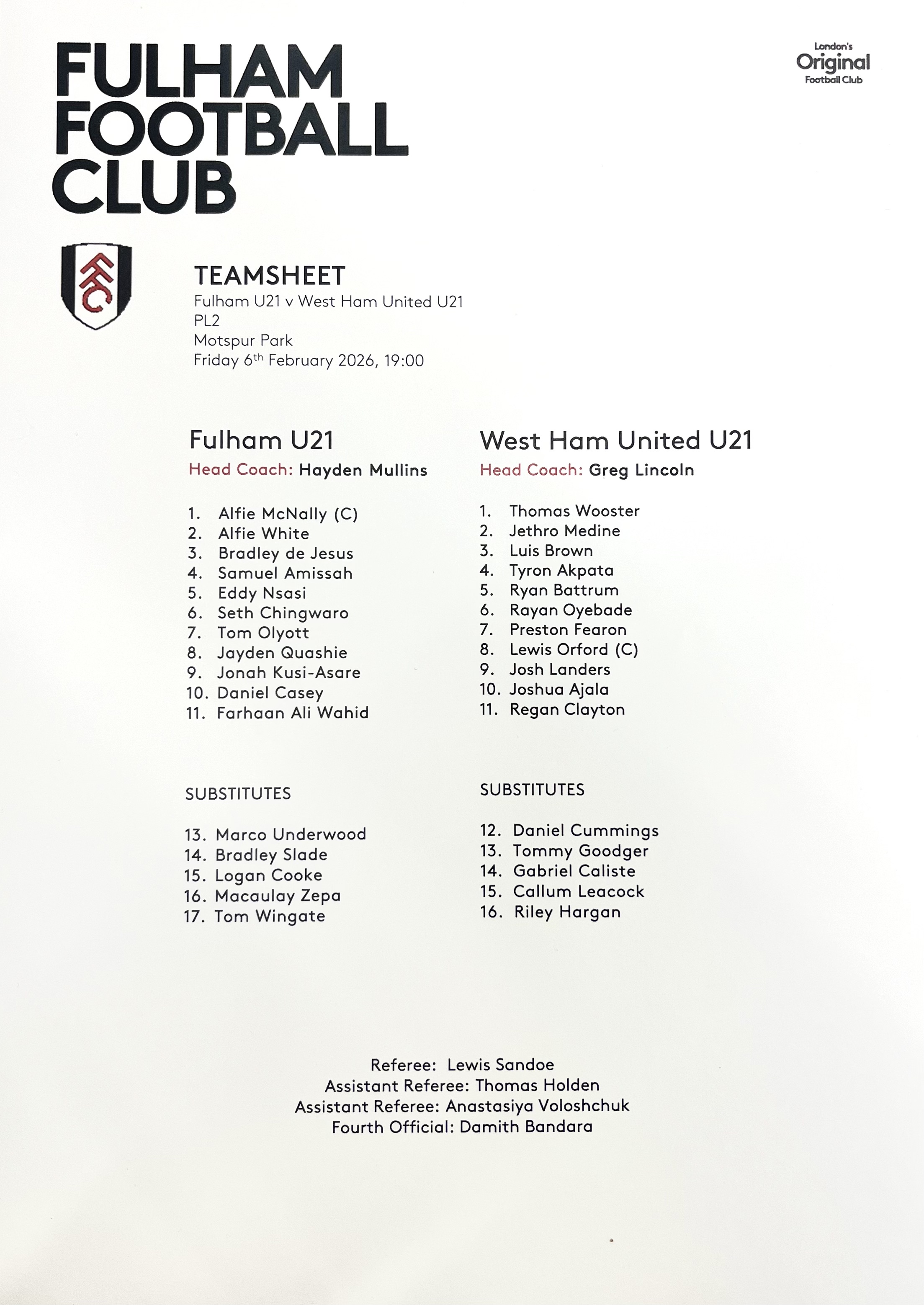 U21s team sheet at Fulham