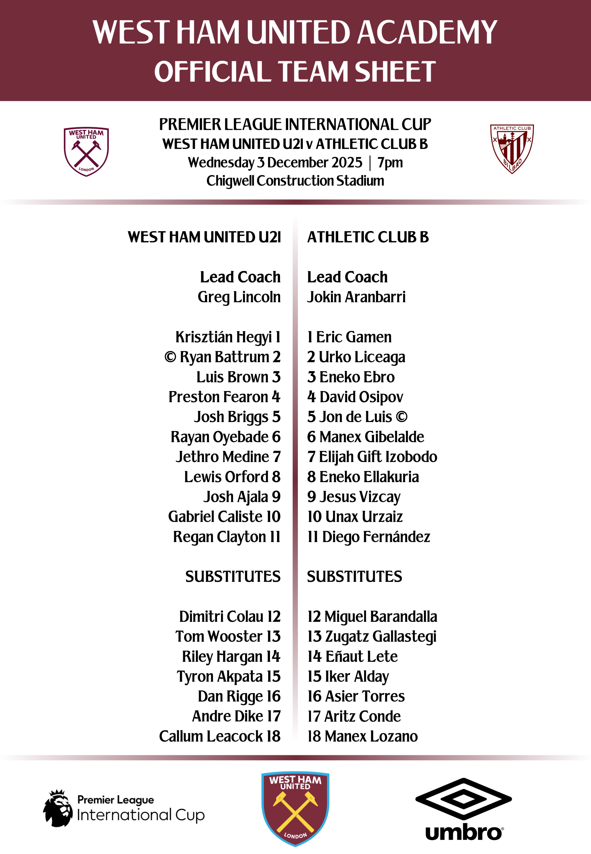 Academy Teamsheet - West Ham United FC