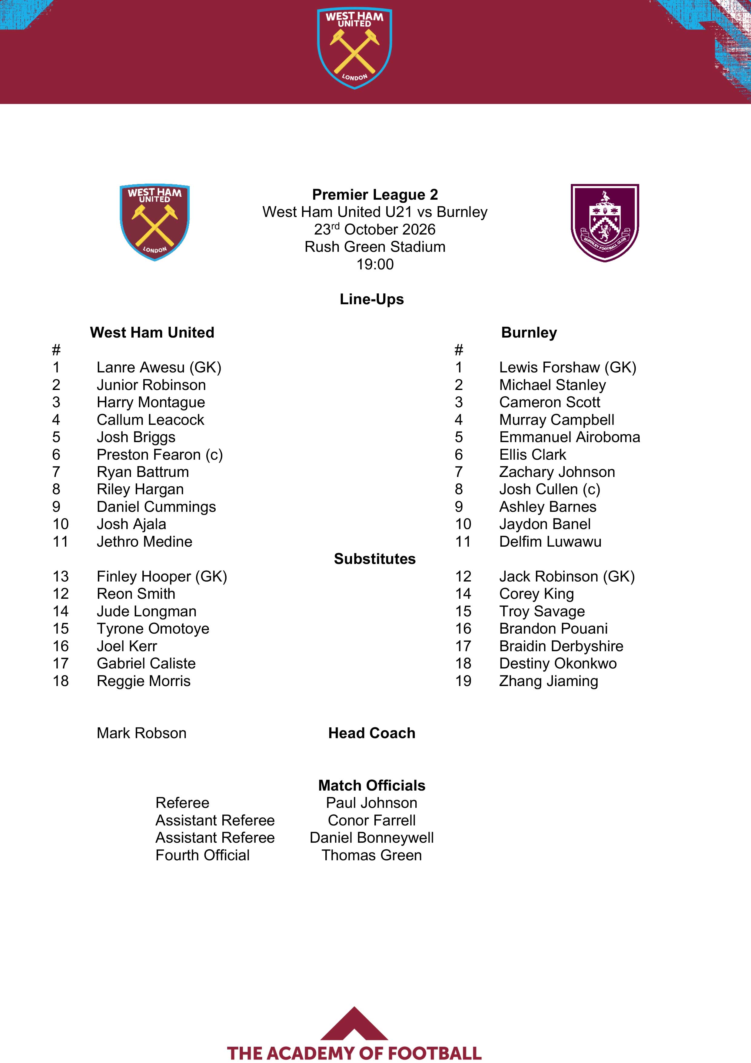 Burnley U21 teamsheet