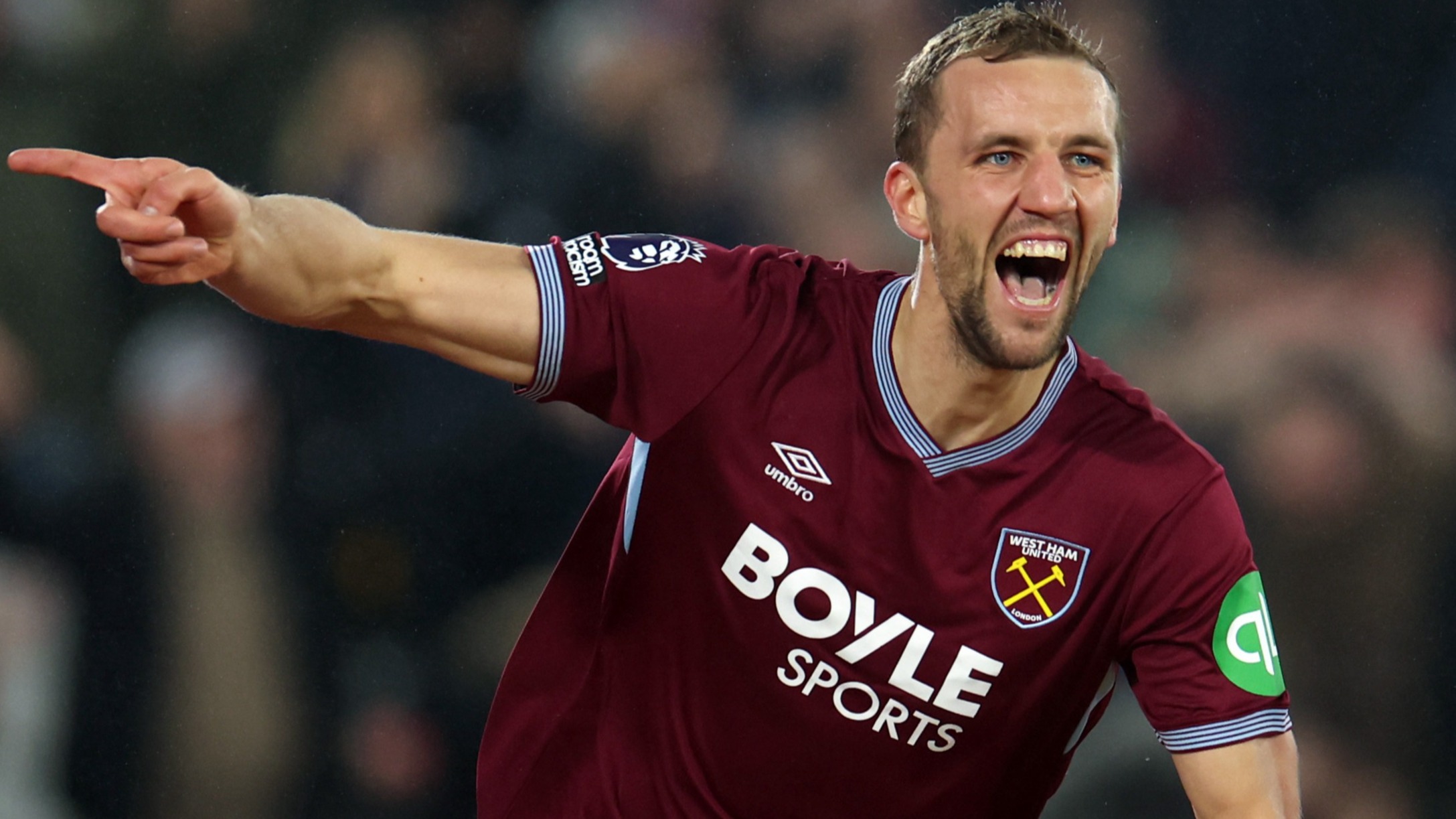 Tomáš Souček celebrates scoring against Manchester United